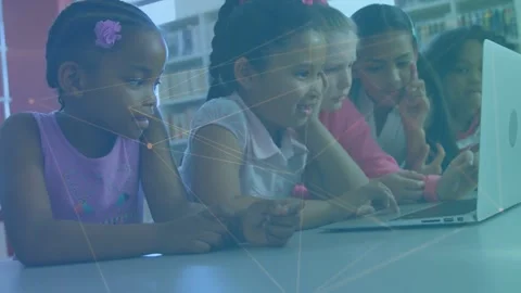 Five students in school library child touching laptop pad activating network Stockbeeldmateriaal 333211593