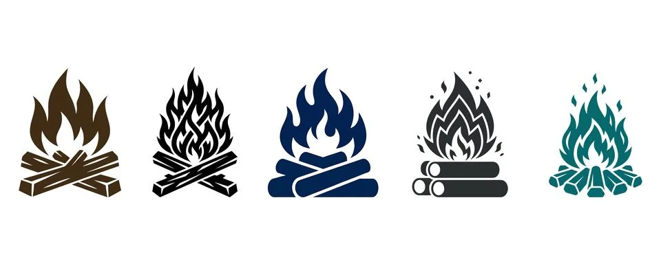 Five stylized campfire icons with different flame colors Vector Stock Illustration