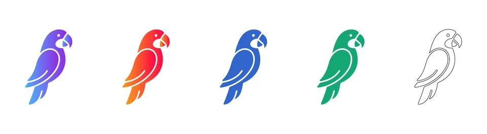 Five Stylized Parrot Icons in Gradient and Outline Styles 스톡 일러스트