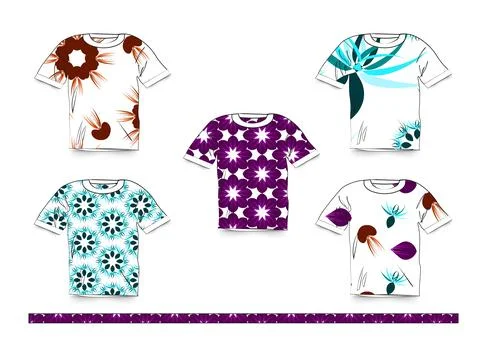 Five T-shirts as mock-ups to showcase striking patterns. Stock Illustration