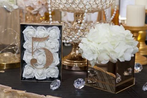 Five at table for guests on wedding dinner Stock Photos