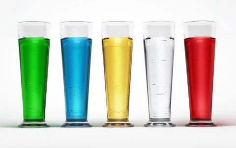 Five tall glasses full of Multicolored liquids. With tiny fizzy bubbles. On w Stock Illustration