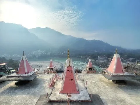 Five temples overlooking an emerald river Stock Photos