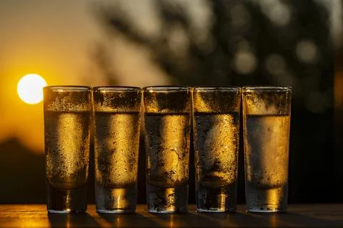 Five tequila shots on table at sunset background, closeup Stock-Fotos