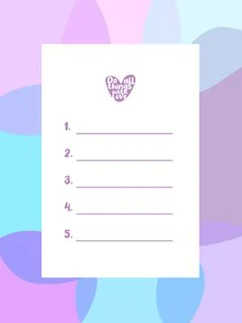 Five things to do, template, with love and gratitude. Printable Stock Illustration