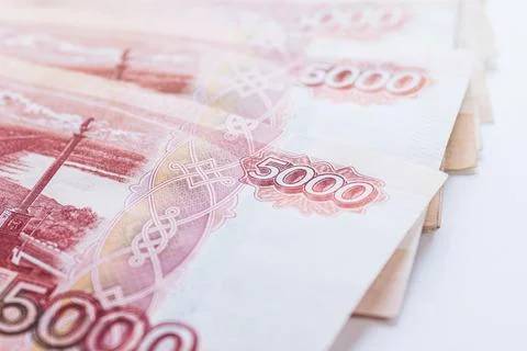 Five thousand ruble notes stacked, closeup Stock Photos