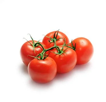 Five tomatoes on a vine Stock Photos