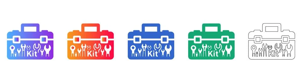 Five Toolkit Icons with Tools in Gradient and Line Art 库存插图