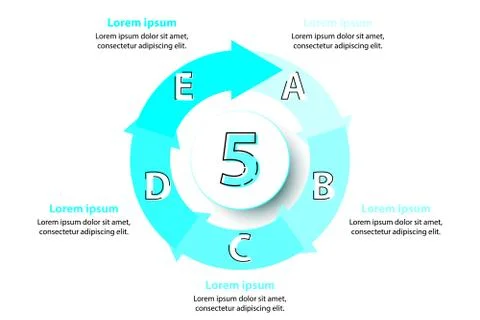 Five topics blue arrow chart with 3d paper circle in center for website prese Stock Illustration