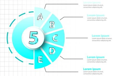 Five topics of Blue half pie chart with 3d paper circle in center for website 스톡 일러스트