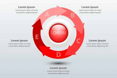 Five topics red arrow chart 3d paper with circle in center for website presen 스톡 일러스트