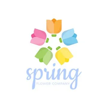 Five Tulip Flower Logo. Flora Star shape Icon. Beauty Symbol Design stock vec Stock Illustration