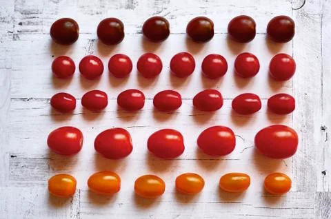Five types of cherry tomatoes on a light wooden background from above close up Stock Photos