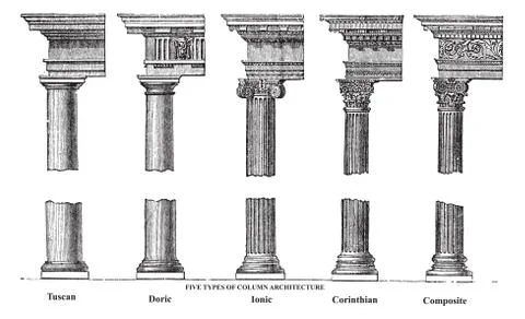 Five types of old column architecture old engraving Stock Illustration