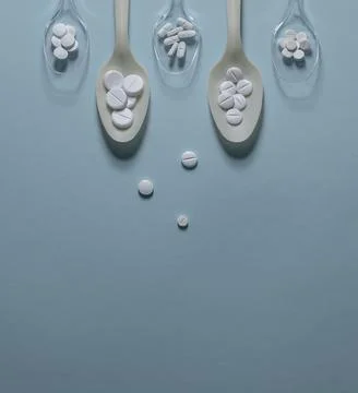 Five types of pills in spoons and spilled on a blue background. Stock Photos