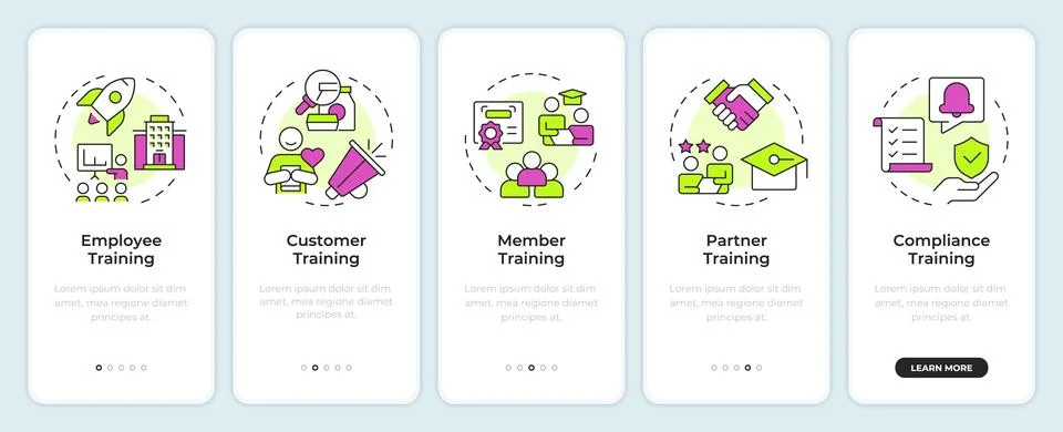 Five types of professional training onboarding mobile app screen Stock Illustration