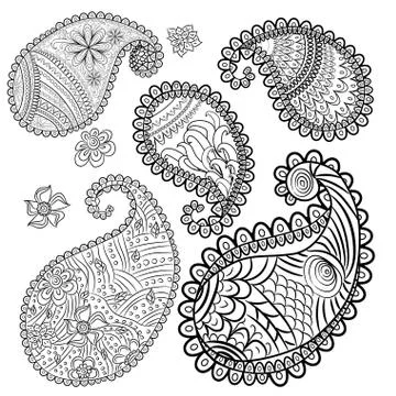 Five unique paisley elements in the style of contour graphics, contours witho Stock Illustration