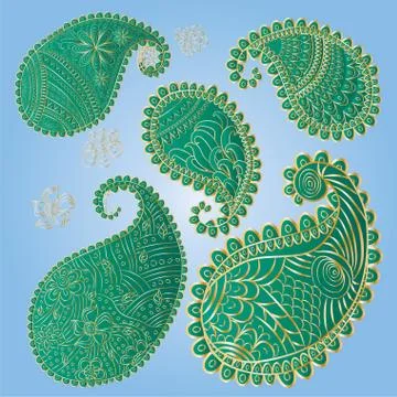 Five unique paisley elements in trendy green and gold colors Illustrazione stock