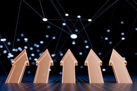 Five upward arrows with digital network background, symbolizing growth 스톡 일러스트