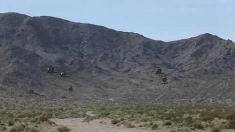 Five U.S Army UH-60 Blackhawk helicopters arriving in desert Stock Footage 268824307
