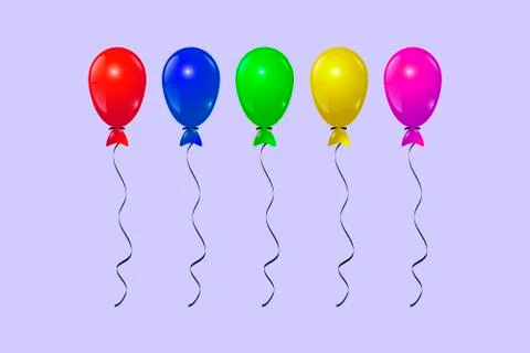 Five very colorful ballons with a string cord - red, blue, green, yellow and Stock Illustration