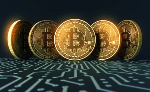 Five Virtual Coins Bitcoins On Blue Printed Circuit Board Stock Illustration