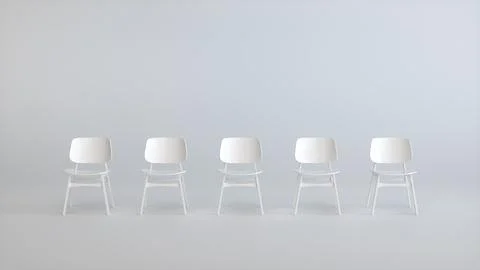 Five White Chairs in a Row on a Soft Gray Studio Background. Business concept. Stock Illustration