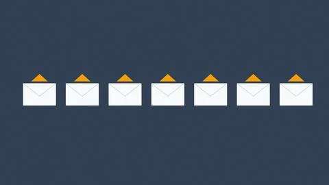 Five white envelopes with orange triangular flags aligned horizontally Stock Illustration