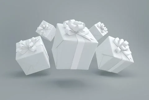 Five White Gift Boxes with Ribbons on a Gray Studio Background. 3D render. Stock Illustration