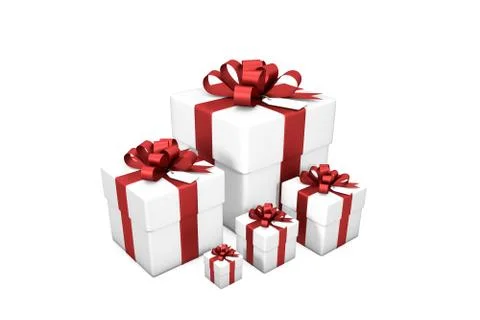 Five white gift boxes from small to large with red silk ribbon Stock Illustration
