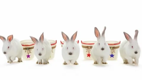 Five white rabbits jumping out of buckets on white background. Animated cinem Stock Footage 331361615