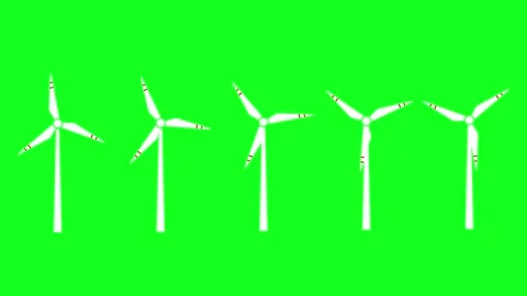 Five white wind turbines stand against a bright green screen Stock Footage 347379860