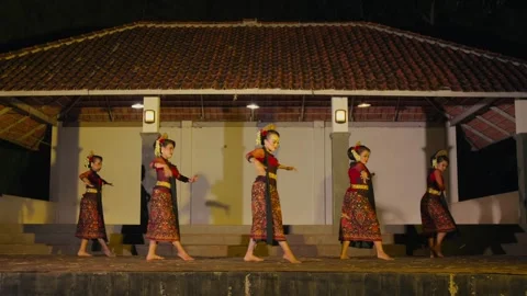 Five Women Performing Synchronized Javanese Dance on Stage Stock Footage 257157677