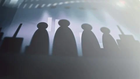 Five workers gathered under converging theater lights Stock Illustration
