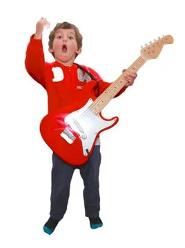 Five year old Boy with red Guitar Stock Photos