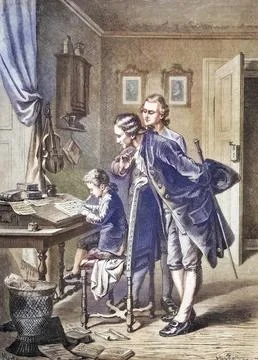 Five-year-old Wolfgang Amadeus Mozart sketches his first composition, Histori Stock Illustration