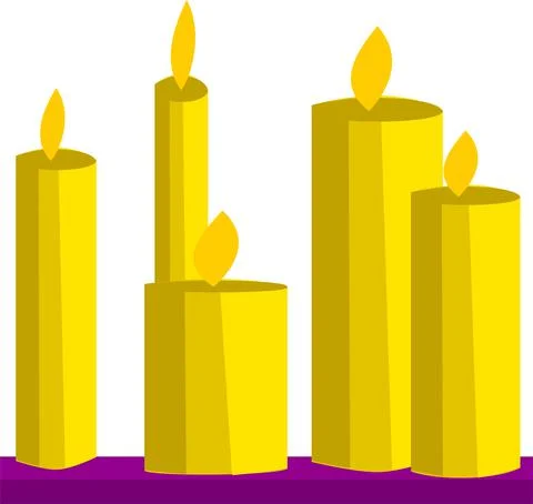 Five yellow candles of different sizes on a stand. Stock Illustration