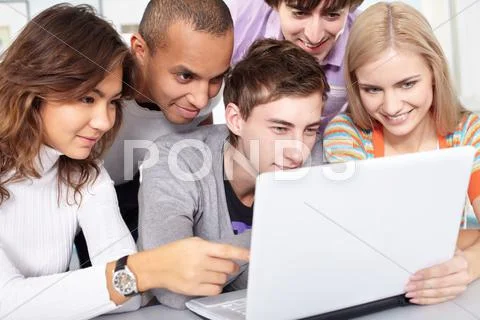 Five young people are absorbed in computer Stock Photos