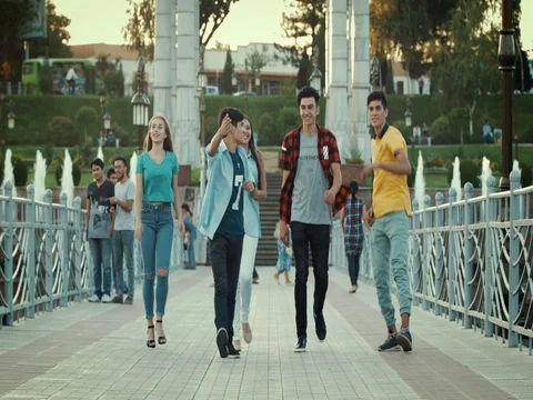 Five young people are having fun on the bridge Video stock 79588693