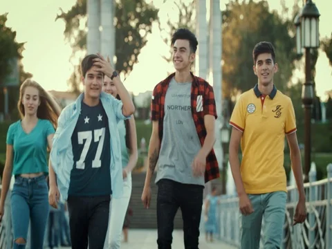 Five young people are having fun on the bridge Video stock 79588889