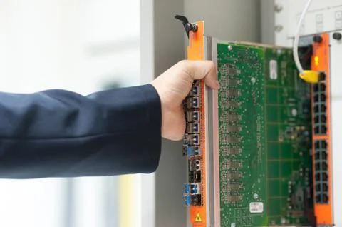 Fix network switch in data center room Stock Photos