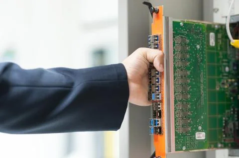 Fix network switch in data center room Stock Photos