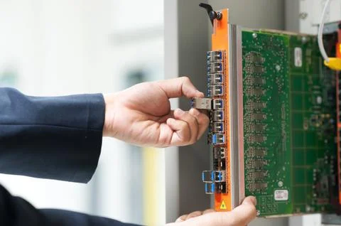 Fix network switch in data center room Stock Photos