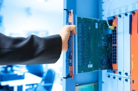 Fix network switch in data center room Stock Photos