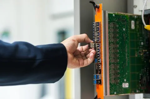 Fix network switch in data center room Stock Photos