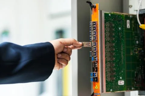Fix network switch in data center room Stock Photos
