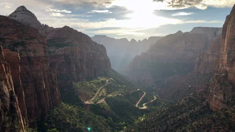 Fixed camera view of spectacular green valley in Zion National Park Stock Footage 113945374