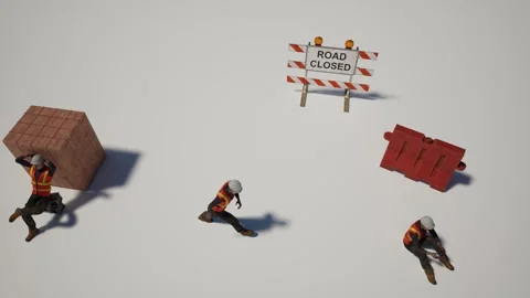 Fixed figures of workers in helmets and orange vests at a construction site. Stock Footage 301767861