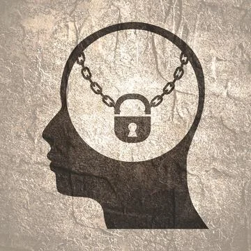 Fixed mindset psychology concept. Human head with chains and lock inside Stock Illustration