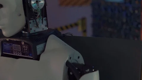 Fixed robot head, instead of one eye camera is installed. The electro-mechanical 스톡 동영상 98865897